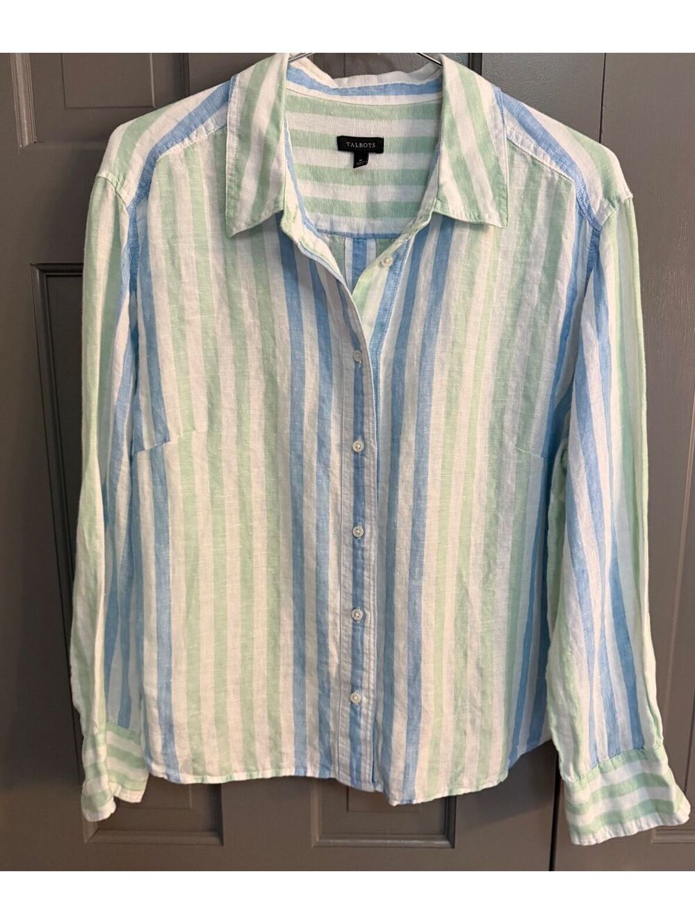 Talbots Women's Linen Striped Long Sleeve Button Down Shirt Pastel Stripe Sz S